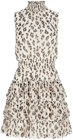 Animal Print Tiered Sleeveless Smocked Mock Neck Dress | Express