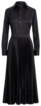 Pleated-Skirt Charmeuse Midi Shirtdress