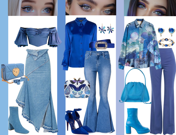 3 casual outfits in blue tones