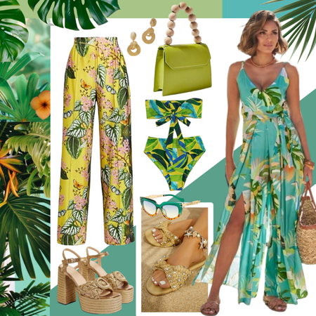 Tropical leaf inspired bright outfit