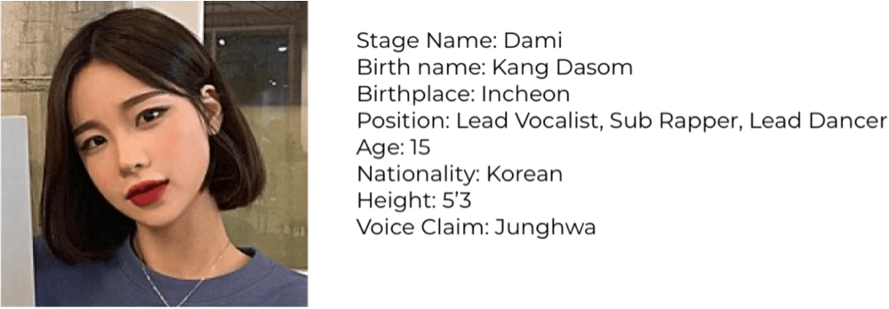 Stage Name: Dami Birth name: Kang Dasom Birthplace: Incheon  Position: Lead Vocalist, Sub Rapper, Lead Dancer Age: 15 Nationality: Korean Height: 5’3 Voice Claim: Junghwa