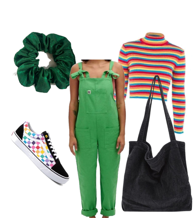 green autumn outfit featuring gold glitter hair scrunchie by sew last summer