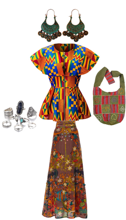 African flip-over print kente top from shenbolen, heart, Om shoulder hippie bag from the little bazaar, and boho beach rings