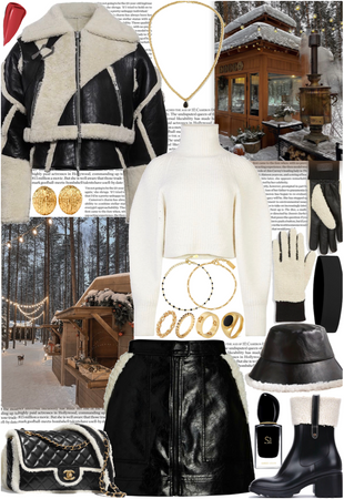 Black leather & white wool with gold jewelry for a snowy day
