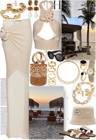 Nude outfit with gold jewelry for a beach day