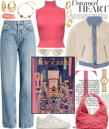 jeans, high neck top & fur jacket with a pop of pink