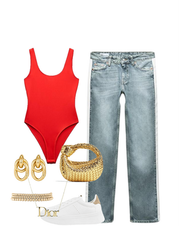 red bodysuit and Jeans