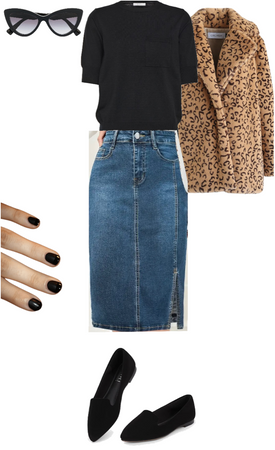 Denim Skirt & Leopard Coat