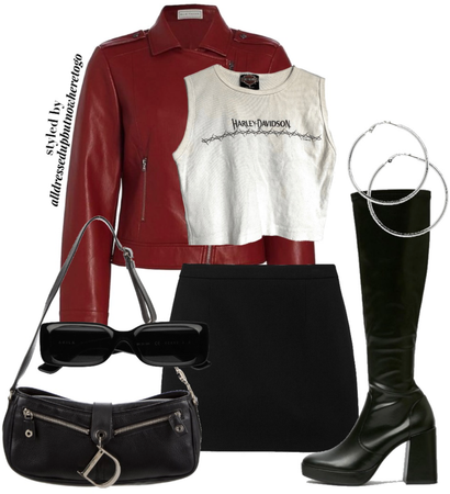 Virtual Styling: Red Leather Jacket & Harley Davidson Top