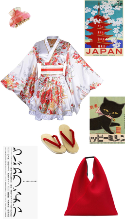 White and Red Japanese Kimono Outfit