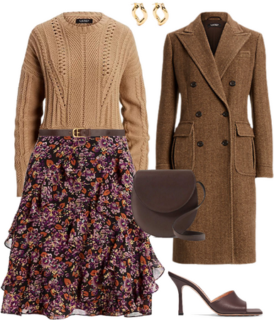 wool-cashmere sweater, floral ruffle-trim skirt, and herringbone coat