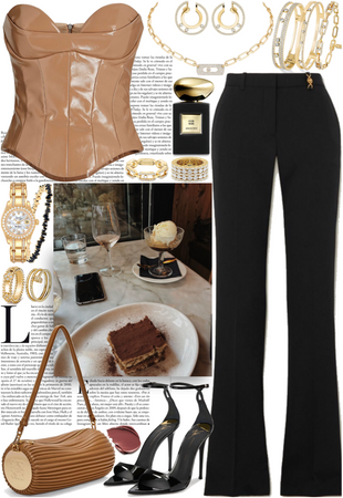 Brown leather corset, black pants & gold jewelry