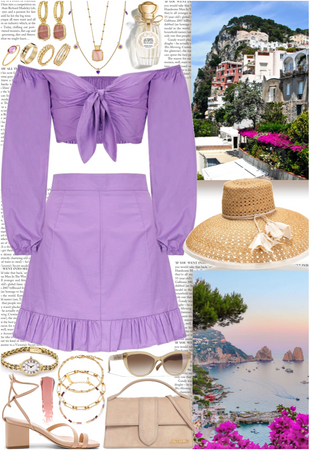 Purple set, beige heels & bag for a day at Capri, Italy