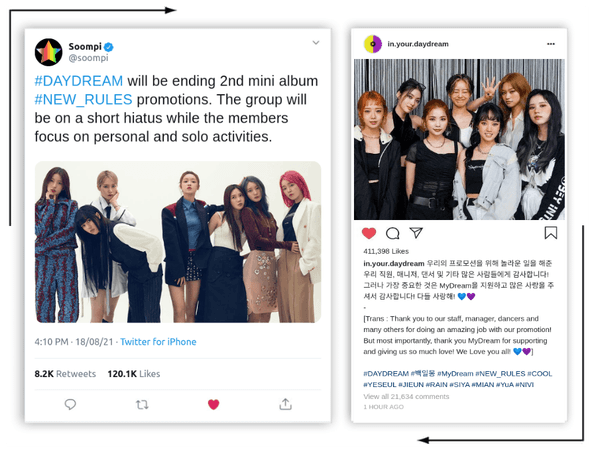 DAYDREAM (백일몽) Soompi tweet and Instagram Post