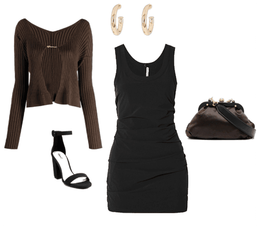 Women's brown/black outfit with gold accents