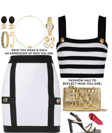 white & black outfit with gold jewelry