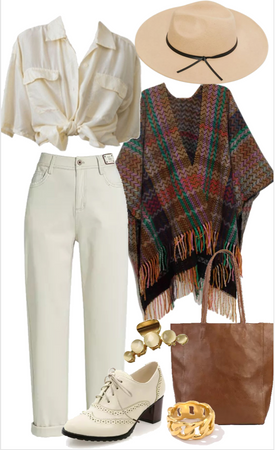 Minimalist Beige Outfit with Plaid Poncho