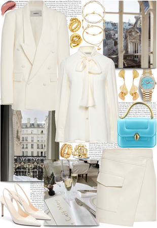 Classy cream outfit with a pop of blue color