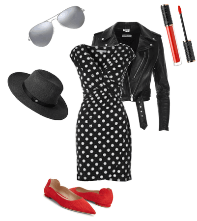 polka dot dress and a pop of red