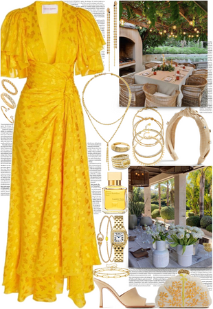 Yellow dress, beige heels & clutch for a garden gathering