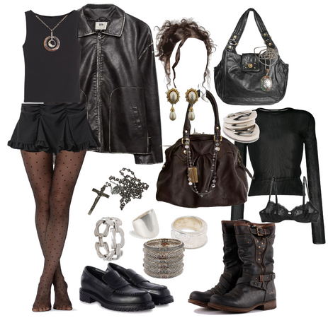 black mini skirt, polka dot tights, loafers/boots