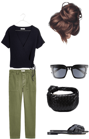 black crossover shirt green jeans and black sandals spring outfit