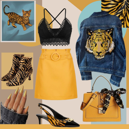 tiger black yellow outfit with blue denim jacket