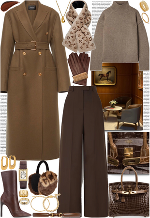 Luxurious brown colors outfit with gold jewelry