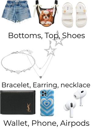 Bottoms, Top, Shoes, Bracelets, Earrings, Wallet, Phone, AirPods