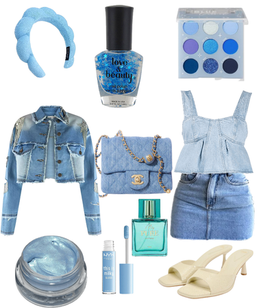 denim and blue clothes  and makeup