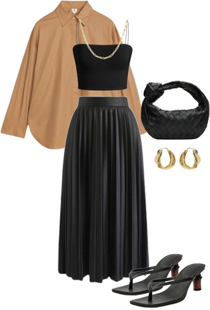 black pleated skirt with poplin shirt