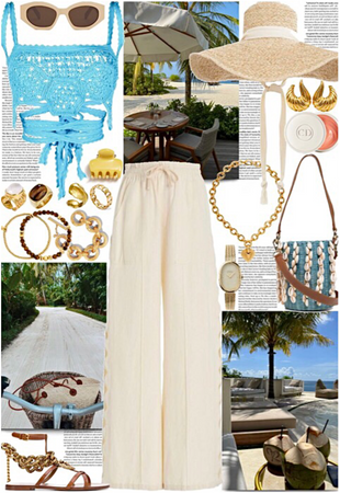 Cream beach pants with a knit top & lots of accessories for a fun summer day