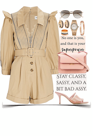 light brown jumpsuit,pink bad& heels look