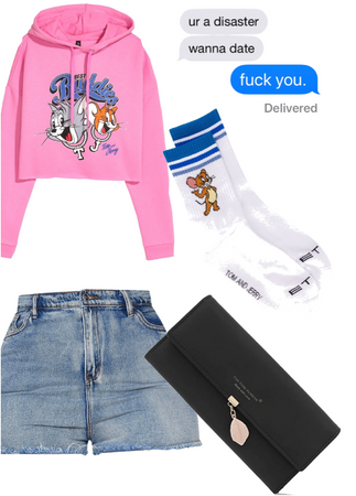 Tom and Jerry out wear|pink hoodie|shorts|black wallet x key chain| socks| messages|