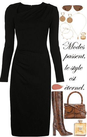 classic black dress with gold jewelry