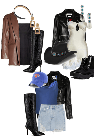 ok so denim skirt(?), brown leather jacket, white and black dress, black boots (hat?)