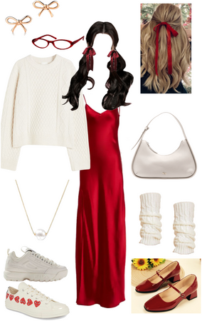 red maxi slip dress cable knit white sweater