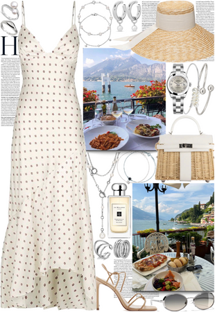 Dress, bunch of silver jewelry with straw touches for a lunch in Italy
