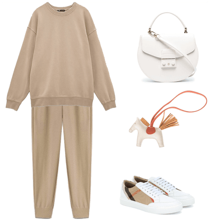 Beige tracking suit and white furla bag