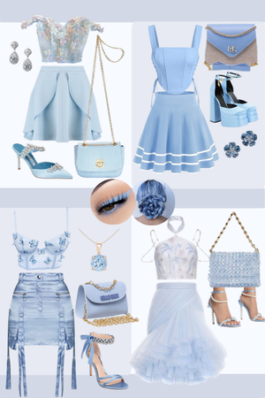 Monochrome pastel blue soft outfits-tops + skirts