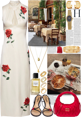 Elegant dress with roses & gold jewelry for a pasta brunch