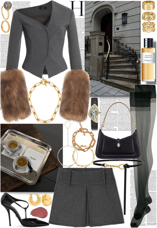 Gray sit with black touches & gold jewelry for a stunning look