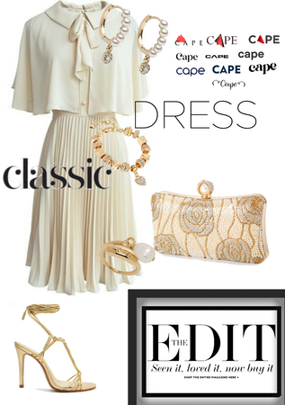 cape dress in gold and neutrals
