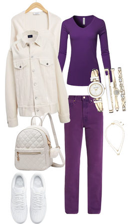 Белая джинсовая куртка и фиолетовые джинсы