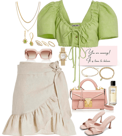 light green top,beige skirt & gold jewelry look