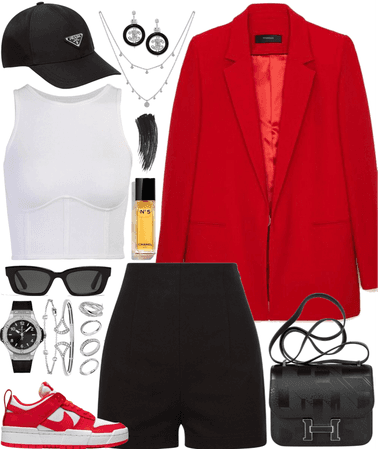 red blazer, black pants, white top & silver jewelry