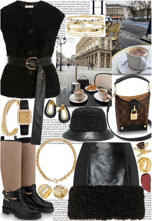 Black leather & wool outfit with gold jewelry & brown bag