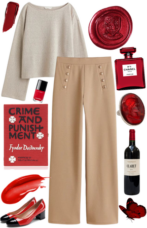 beige + red + reading