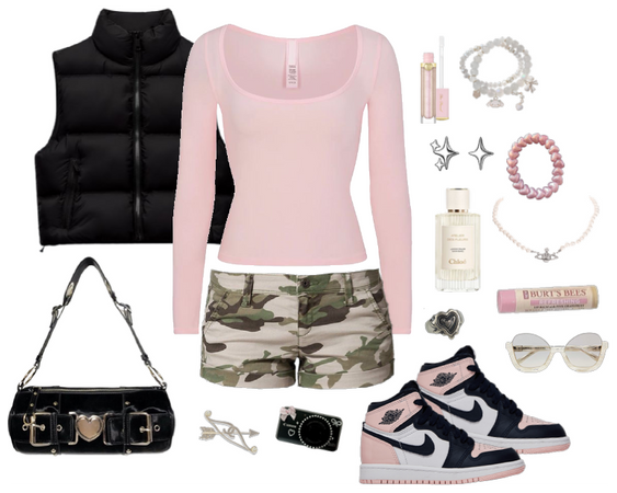 black & pink streetwear camo/jordans/puffer vest