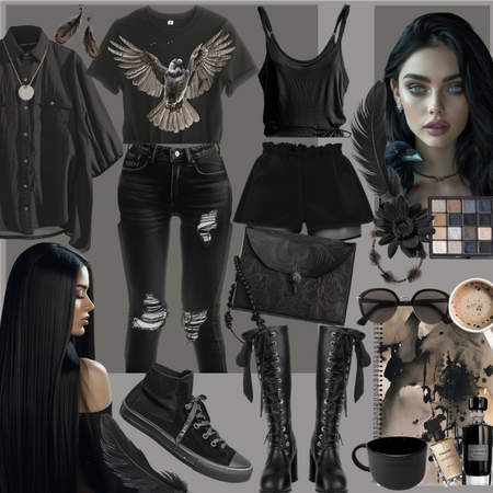 Black raven inspired grunge outfit moodboard